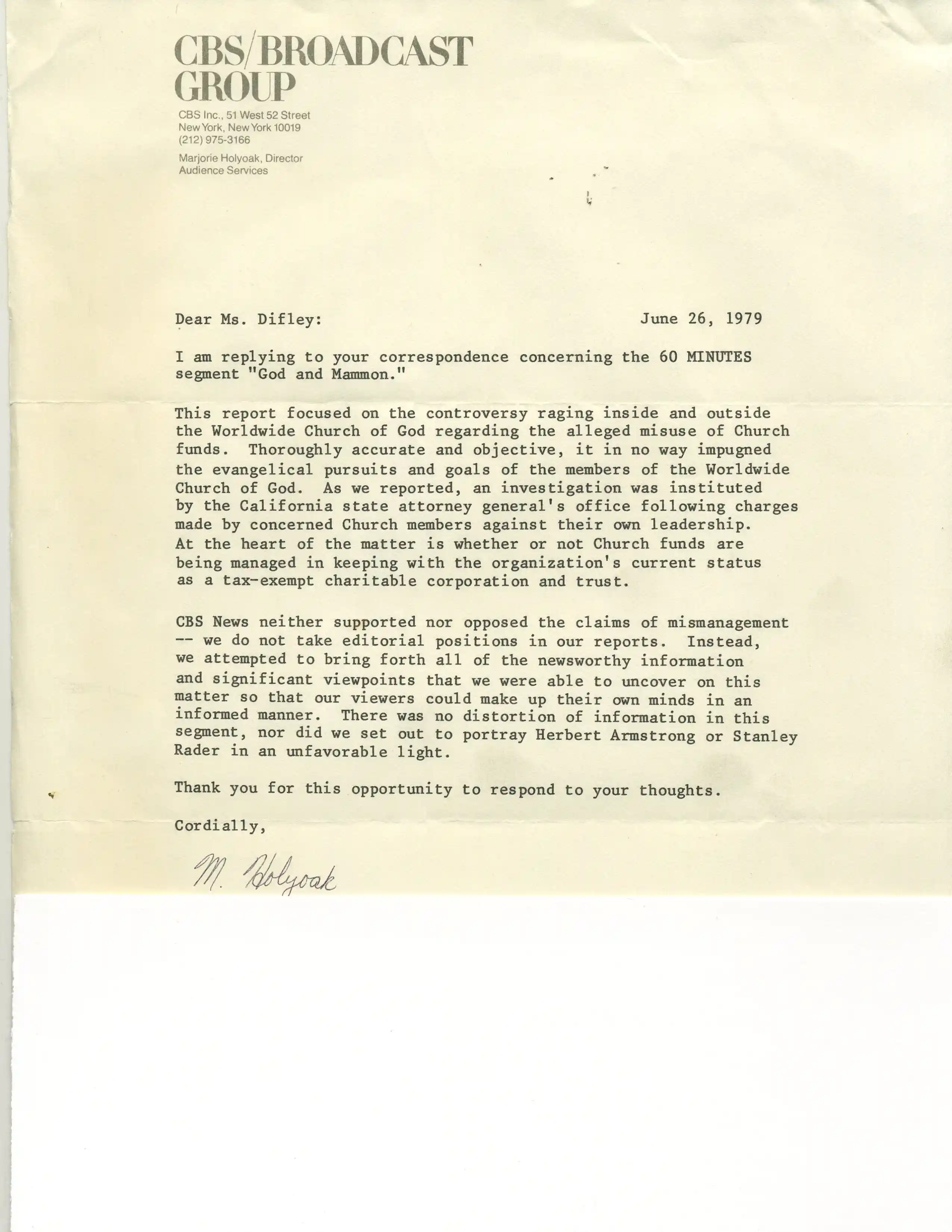 Stan Rader_CBS reply re 60 Min interview 6-26-79